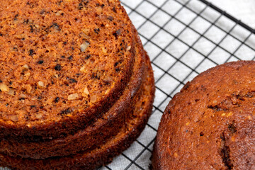 Texture of carrot cake sponge cake close-up. Selective focus. Picture for articles about food, confectioners.