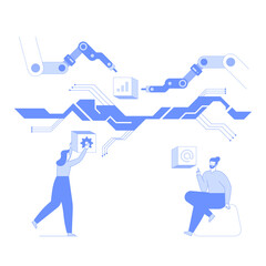 Creating a project in the metaverse and virtual reality technology concept. Own custom virtual universe. Digital workspace, remote work and teamwork vector illustration.