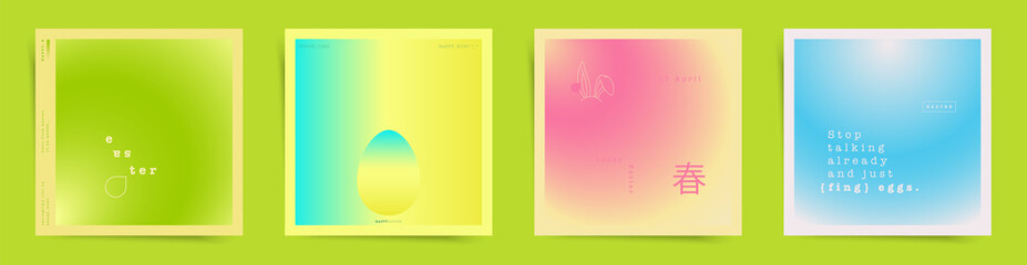 Japanese means - spring. Happy Easter square card covers or lovely post template design set. Modern aesthetic spring easter gradient graphic backgrounds. Pale green, pink, blue colors and neon eggs.