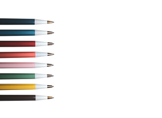 Ballpoint pens of dark blue, blue, red, orange, pink, green, yellow and brown on an isolated white background, lie horizontally close-up