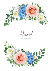 Floral wedding invite, thank you,  Mother's Day greeting card vector art template design. Editable watercolor blue hydrangea, peach, yellow garden rose flowers, eucalyptus green leaves bouquet, wreath
