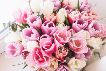 Bouquet of bright colorful tulips. Beautiful pastel pink floral background. Spring flowers.