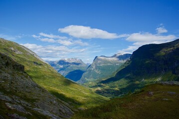 Mountainous landscape in summer near Geiranger in Møre og Romsdal fylke in Norway. 