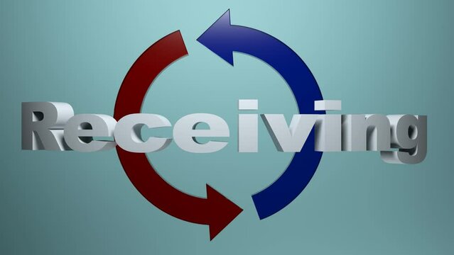 The write RECEIVING, in white letters in front of a blue and a red arrows rotating on blue background - 3D rendering video clip animation