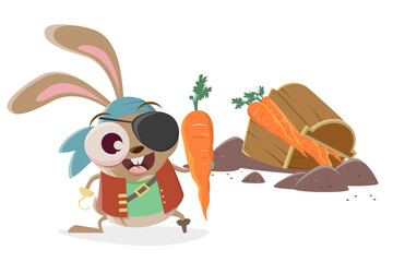 Obraz na płótnie Canvas funny cartoon rabbit as a pirate finding carrots
