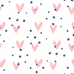 Simple seamless pattern with hearts and scattered dots. Cute girly print. Vector illustration.