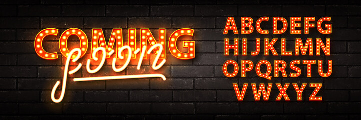 Vector realistic isolated neon sign of Coming Soon text with retro marquee alphabet font on the wall background.