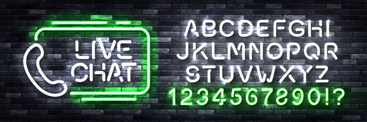 Vector realistic isolated neon sign of Live Chat logo with easy to change color alphabet font on the wall background.