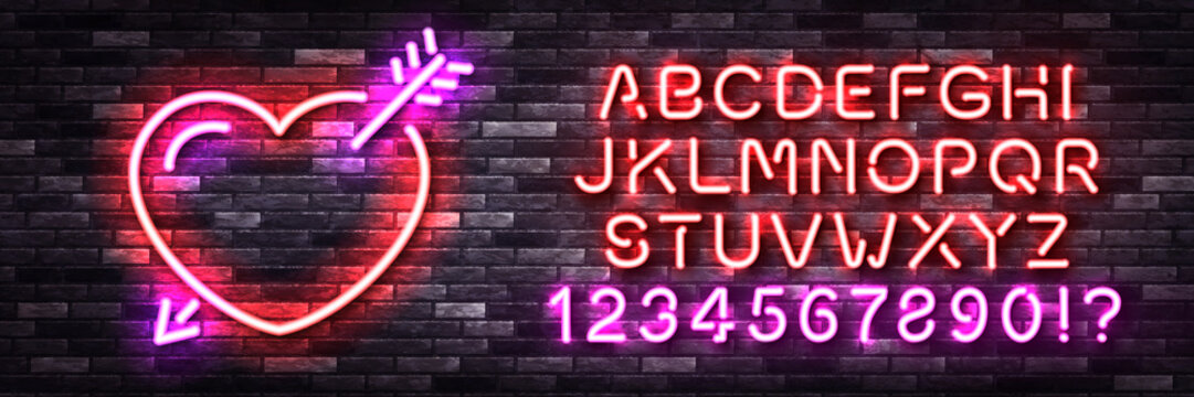 Vector realistic isolated neon sign of Heart logo with easy to change color alphabet font on the wall background.