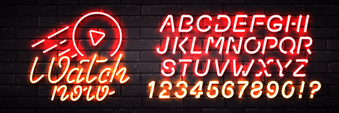 Vector realistic isolated neon sign of Watch Now logo with easy to change color alphabet font on the wall background.