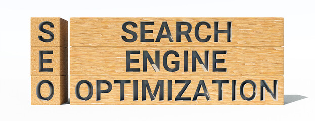 SEO Search Engine Optimization text wooden cube blocks on table background. 3d rendering