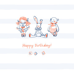 Children's greeting card with hand-drawn toys on the background of blue stripes. Cute style, delicate colors. Stock vector illustration.