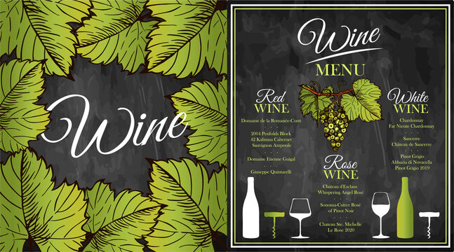 Sketch drawing Wine menu with green grapes and leaves isolated on blackboard. Chalk drawn alcohol drink, grape leaf on chalkboard. Red, white and rose wine bottle, drinking glass. Vector illustration.
