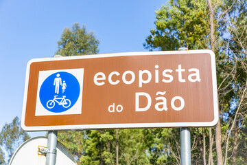 Ecopista do Dão bicycle and pedestrian path sign next to Sabugosa, municipality of Tondela, district of Viseu, province of Beira Alta, Portugal - obrazy, fototapety, plakaty
