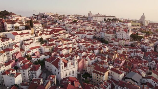 Aerial panoramic view of downtown of Lisbon at sunrise, Portugal