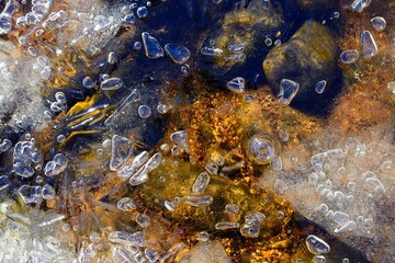 Rocks poke through semi-melted ice on a frozen lake