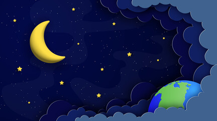 Earth, moon and stars on night cloudy sky background.