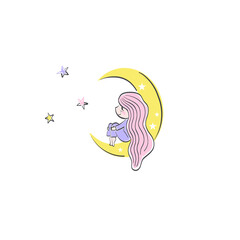 Obraz na płótnie Canvas Cute baby girl in sleepwear sitting on crescent in a starry night sky and dreaming vector illustration isolated on white. Sweet dreams childish felt pen hand drawn fantasy print for pyjamas party.