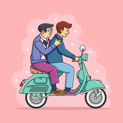 Son and father riding a scooter cartoon. Transportation vector icon illustration, isolated on premium vector