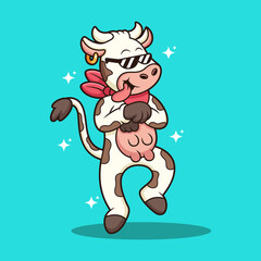 Cute cow with funny dancing cartoon. Animal vector icon illustration, isolated on premium vector