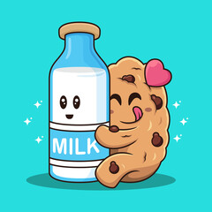 biscuit hugging milk with love cartoon. Food and drink vector icon illustration, isolated on premium vector