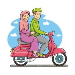Muslim couple riding a scooter cartoon. Couple vector icon illustration, isolated on premium vector