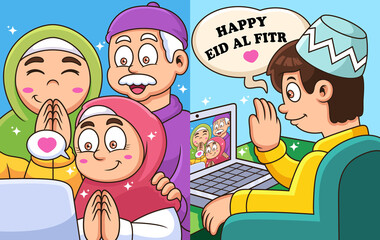 Ramadan family gathering through video call. Technology vector icon illustration, isolated on premium vector