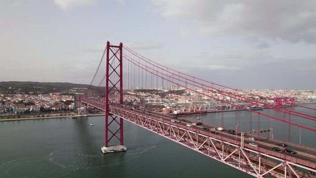 Aerial panorama view over the 25 de Abril Bridge in Lisbon, Portugal
