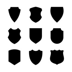 Collection of icons of shields of various shapes. Military or heraldic shield (armorial shield). Isolated raster illustration on a white background.