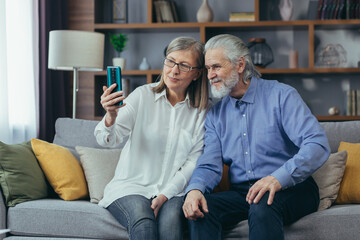 Elderly couple of senior retirees Happy gray haired grandparents communicate online in a video call using a mobile phone smartphone. laugh and wave hands. mature couple Remote meeting with children