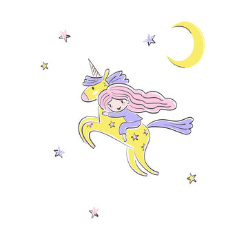 Cute little girl riding a starry unicorn in a night sky vector illustration isolated on white. Magical fantasy of baby girl. Childish felt pen hand drawn sweet dreams print for pyjamas party.