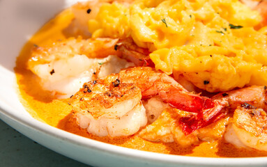 Shrimp and eggs breakfast meal