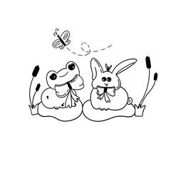 Hand-drawn illustration of a frog and a rabbit