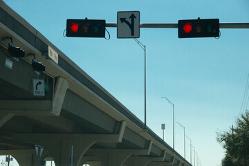 Closeup to freeway traffic lights in the city