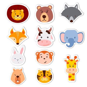 Cute cartoon animals. Lion, bear, wolf, fox, cow, elefant, rabbit, monkey, giraffe, beaver, tiger.