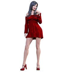 Beautiful brunette woman red short dress.