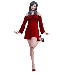 Beautiful brunette woman red short dress.