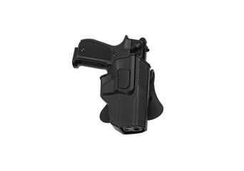Plastic holster for a pistol. Accessory for convenient and concealed carrying of weapons. View from...