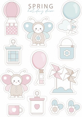 Decorations. Spring Stickers with cute butterfly. Perfect for scrapbooking, greeting card, party invitation, poster, tag, stickers