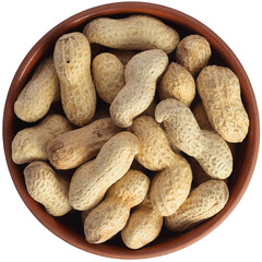 Peanuts in the peel in a brown ceramic bowl. Isolated close-up photo of food close up from above on white background.