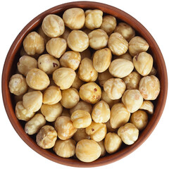 Roasted hazelnuts in a brown ceramic bowl. Isolated close-up photo of food close up from above on white background.