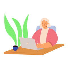 Cute old woman working on laptop computer at home. Elderly person study to work on notebook or computer. Active life, modern technology, old age, work remotely, freelance. Vector flat illustration.