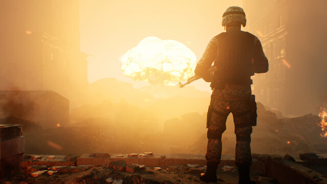 3D render of a soldier with a machine gun, standing in the ruins of a ruined city blazing with fire after a bombing and looking at a nuclear explosion