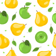 Seamless pattern of yellow pear and apple on a white background. Hand-drawn pattern. Vegan food, fruit background. Colorful background texture for kitchen, wallpaper, textile.
Vector illustration.
