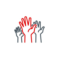 group of human hands raised up vote single line icon isolated on white. Perfect outline symbol voting by show palm. volunteers community unanimously raised up hands design element with editable Stroke