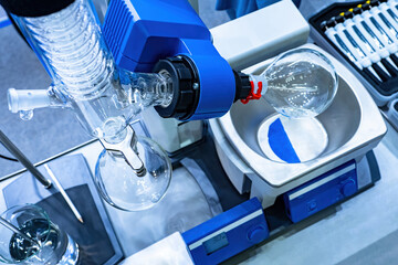 Fragment of a rotary evaporator close-up. Rotary evaporator in a medical laboratory. Concept is use...