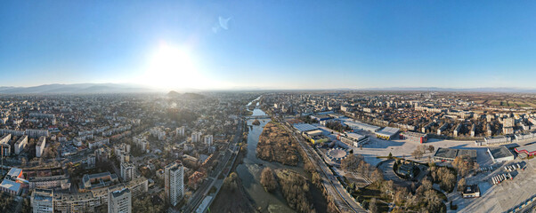 Obraz na płótnie Canvas Aerial panorama of Maritsa river and panorama to City of Plovdiv, Bulgaria
