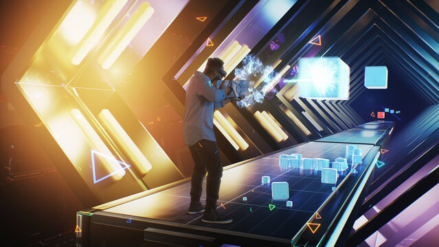 An african american man wearing a virtual reality helmet in the cyberspace of the virtual world plays a video holographic game, by shooting 3D cubes that are thrown at him