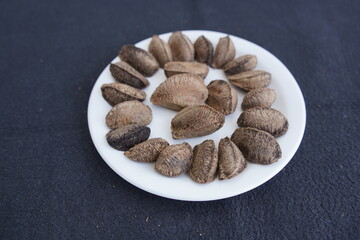 The Brazil nut (Bertholletia excelsa) is a South American tree in the family Lecythidaceae, and it is also the name of the tree's commercially harvested edible seeds. Amazonas, Brazil.