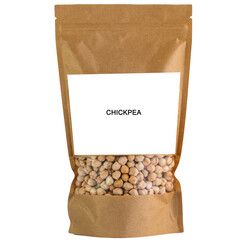 Raw chickpeas groats in a brown paper bag. Doy-pack with a plastic window for bulk products....